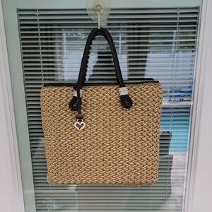 Brighton Woven Tote Bag Leather Trim Silver Hardware